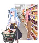  2girls aho_whale black_shirt black_skirt blue_hair bottle commentary cup_ramen fang food highres indoors kotonoha_akane kotonoha_aoi long_hair long_skirt looking_to_the_side multiple_girls one_eye_closed open_mouth overalls package pink_hair pushing_cart red_eyes shelf shirt shop shopping shopping_cart siblings sidelocks sisters skin_fang skirt smile standing suspenders v-shaped_eyebrows voiceroid white_shirt 