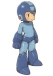 1boy absurdres blue_bodysuit blue_eyes blue_gloves blue_headwear blue_legwear blush bodysuit boots closed_mouth commentary_request dot_nose elbow_gloves feral_lemma frown full_body gloves helmet highres male_focus mega_man_(character) mega_man_(classic) mega_man_(series) robot_ears shadow simple_background solo standing tareme white_background 