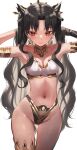  1girl absurdres armlet armpits arms_up ass_visible_through_thighs bangs bikini black_bikini black_bow black_hair blush bow breasts brown_eyes cleavage closed_mouth collar commentary_request cowboy_shot detached_sleeves earrings eyebrows_visible_through_hair fate/grand_order fate_(series) gold_trim groin hair_bow highres hoop_earrings ishtar_(fate) jewelry lipstick long_hair long_sleeves looking_at_viewer makeup medium_breasts mismatched_bikini navel parted_bangs revision sidelocks simple_background single_detached_sleeve smile solo stomach strapless strapless_bikini swimsuit thighlet torriet two_side_up very_long_hair white_background white_bikini wide_hips 