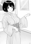  1girl absurdres bangs bath_yukata blush breasts commentary_request greyscale hand_up highres indoors japanese_clothes kimono long_sleeves looking_at_viewer medium_breasts monochrome obi open_mouth original sash short_hair signature solo striped takenoko_no_you vertical-striped_kimono vertical_stripes wide_sleeves yukata 