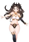  1girl armlet bangs bikini black_bikini black_hair black_headwear black_legwear breasts detached_sleeves earrings fate/grand_order fate_(series) hair_ribbon highres hoop_earrings ishtar_(fate) ishtar_(fate)_(all) jewelry long_hair looking_at_viewer medium_breasts mismatched_bikini navel neck_ring open_mouth outstretched_arms panties parted_bangs red_eyes ribbon simple_background single_sleeve single_thighhigh smile solo spread_arms standing swimsuit thigh_gap thighhighs tiara two_side_up underwear white_background white_bikini zukki0731 