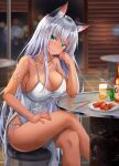  1girl absurdres animal_ears armlet blurry blurry_background bokeh breasts cat_ears cleavage closed_mouth commission crossed_legs dark_skin demon_slayer_(dungeon_and_fighter) depth_of_field dress dungeon_and_fighter female_slayer_(dungeon_and_fighter) green_eyes hand_on_own_thigh head_rest head_tilt highres indoors large_breasts lkeris long_hair looking_at_viewer panties pelvic_curtain side-tie_panties silver_hair sitting smile solo strap_gap underwear very_long_hair white_dress 