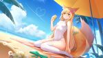  1girl animal_ears ars.rin beach beach_umbrella blonde_hair blue_sky breasts cloud commentary_request condensation_trail covered_navel day dutch_angle fox_ears fox_tail heart horizon long_hair looking_at_viewer ocean orange_eyes original outdoors palm_tree sitting sky small_breasts solo swimsuit tail thighhighs tree turtleneck umbrella wariza white_legwear white_swimsuit 