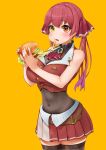  1girl ascot bangs black_legwear breasts burger commentary_request covered_navel eating eyebrows_visible_through_hair food gradient_hair hair_ribbon heterochromia highres holding holding_food hololive houshou_marine large_breasts long_hair looking_at_viewer multicolored_hair ootsuka_you pleated_skirt purple_hair red_eyes red_hair red_neckwear red_ribbon red_skirt ribbon simple_background skirt sleeveless solo thighhighs twintails virtual_youtuber yellow_background yellow_eyes zettai_ryouiki 