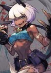  1girl animal_ears bare_shoulders belt belt_pouch blue_eyes bob_cut breasts cat_ears cat_tail claws cowboy_shot crop_top cropped_sweater dark-skinned_female dark_skin fangs fingerless_gloves gloves hungry_clicker midriff ms._fortune_(skullgirls) one_eye_closed open_mouth pouch scar short_hair skullgirls solo tail underboob white_hair 