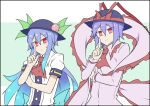  2girls :/ ascot bangs blue_background blue_hair bow commentary_request cowboy_shot dress eyebrows_visible_through_hair food fruit gradient_hair hair_between_eyes hat hat_bow hat_ribbon hinanawi_tenshi index_finger_raised kenuu_(kenny) koi_dance light_smile looking_at_viewer multicolored_hair multiple_girls nagae_iku peach pink_dress purple_hair red_bow red_eyes red_neckwear red_ribbon ribbon shawl shirt sidelocks simple_background split_mouth touhou two-tone_background v-shaped_eyebrows white_background white_shirt 