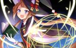  1girl blush book brown_hair casting_spell commentary_request enkichi_totan gloves hat hexagram light long_hair looking_at_viewer magic magic_circle purple_eyes simple_background solo sweep_tosho_(umamusume) twintails umamusume white_gloves witch_hat 