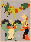  aonik arms_up black_eyes blaziken claws colored_sclera english_commentary full_body furry highres mega_blaziken mega_pokemon mega_sceptile mega_swampert open_mouth pokemon pokemon_(creature) sceptile smile standing starter_pokemon_trio swampert tail yellow_sclera 