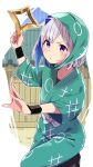  1girl amane_kanata bangs blue_eyes blue_hair blush bob_cut colored_inner_hair commentary cosplay eyebrows_visible_through_hair highres holding holding_weapon hololive inadera_rantarou inadera_rantarou_(cosplay) leg_up looking_at_viewer multicolored_hair ninja purple_eyes rakudai_ninja_rantarou round_eyewear short_hair shuriken silver_hair single_hair_intake solo streaked_hair virtual_youtuber weapon wristband yuyaiyaui 