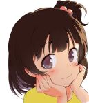  1girl black_hair close-up commentary_request face hands_on_own_cheeks hands_on_own_face head_rest highres idolmaster idolmaster_million_live! looking_at_viewer nakatani_iku short_hair shuucream_(syuichi) simple_background smile solo white_background 
