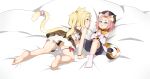  2girls absurdres all_fours animal_ears ass bangs bangs_pinned_back barefoot bed_sheet benghuai_xueyuan black_panties black_shorts blonde_hair blush cat_ears cat_girl cat_tail commentary_request company_connection crossover detached_sleeves diona_(genshin_impact) eyebrows_visible_through_hair eyes_visible_through_hair genshin_impact green_eyes hat highres honkai_(series) long_hair looking_at_another lying mihoyo_technology_(shanghai)_co._ltd. multiple_girls ninti_apocalypse panties parted_lips pink_hair puffy_shorts puffy_sleeves purple_eyes short_hair shorts side_ponytail sidelocks tail thick_eyebrows underwear xianyu_fanshen_qian 