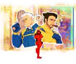  3boys ? cable_(marvel) cigar claws comic_background copyright_name deadpool deadpool_&amp;_wolverine deadpool_(series) deadpool_2 diffraction_spikes english_commentary glowing glowing_eye gun hand_on_own_cheek hand_on_own_face heart highres holding holding_gun holding_weapon looking_at_viewer male_focus marvel marvel_cinematic_universe multiple_boys seadeepspace smoke smoking speech_bubble spoken_question_mark standing standing_on_one_leg superhero_costume weapon wolverine_(x-men) x-men x-men_film_series 