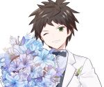  1boy badge bangs blue_flower bouquet bow bowtie brown_hair collared_shirt danganronpa_(series) danganronpa_10th_anniversary_costume danganronpa_2:_goodbye_despair dress_shirt earrings flower formal green_eyes grey_shirt hinata_hajime holding holding_bouquet holding_flower jewelry long_sleeves looking_at_viewer male_focus midou_(grk12138) official_alternate_costume one_eye_closed shiny shiny_hair shirt short_hair simple_background smile solo teeth upper_body white_background white_flower 