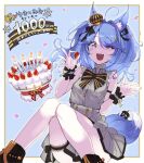  1girl :d animal_ear_fluff animal_ears ankle_boots blue_hair blush boots border cake crown eyes_visible_through_hair fold-over_boots food fox_ears fox_tail fruit grey_eyes hand_up hands_up highres holding holding_food holding_fruit indie_virtual_youtuber looking_at_viewer milestone_celebration mini_crown one_eye_closed open_mouth smile solo strawberry tail twintails virtual_youtuber white_border wristband yukino_mio z-ton 