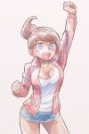  1girl arm_up asahina_aoi bangs blue_eyes blue_shorts blush_stickers breasts brown_hair cleavage clenched_hands commentary_request contrapposto cowboy_shot danganronpa:_trigger_happy_havoc danganronpa_(series) dark_skin eyebrows_visible_through_hair grey_background hair_ornament hairclip jacket large_breasts long_sleeves looking_at_viewer namu_(nurui_cha) open_clothes open_jacket open_mouth ponytail red_jacket shirt short_hair shorts simple_background smile solo white_shirt 