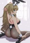  1girl animal_ears ass azur_lane blonde_hair blue_eyes commentary commentary_request cuff_links full_body high_heels highres kneeling leotard long_hair looking_at_viewer looking_back north_carolina_(azur_lane) north_carolina_(the_heart&#039;s_desire)_(azur_lane) official_alternate_costume ooshima_aki pantyhose playboy_bunny rabbit_ears rabbit_tail smile solo tail thong_leotard 