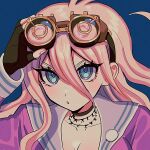  1girl :o adjusting_goggles antenna_hair bangs barbed_wire black_choker blonde_hair blue_background blue_eyes blush breasts choker cleavage collarbone danganronpa_(series) danganronpa_v3:_killing_harmony esu_(tasoesu) fingerless_gloves gloves goggles goggles_on_head hand_up iruma_miu large_breasts long_hair long_sleeves looking_at_viewer open_mouth pink_shirt portrait sailor_collar shiny shiny_hair shirt solo 