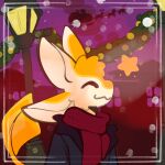 2023 4_ears :3 absurd_res anthro avali avian black_clothing black_jacket black_topwear christmas christmas_decorations clothed clothed_anthro clothed_male clothing deer eyes_closed feather_hair feathers fully_clothed_anthro fully_clothed_male garland hair happy hi_res holidays jacket male male_(lore) male_anthro mammal multi_ear new_world_deer orange_body orange_feathers orange_hair orange_tail orange_tail_tuft pseudo_hair purple_background ravashi_(dynnie) red_background red_scarf reindeer santa_claus scarf shinyfaux simple_background smile snowfall solo star street_lamp tail tail_tuft topwear tuft white_inner_ear zilluzion