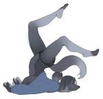 2025 accessory anthro areola areola_slip barefoot bent_legs biped black_clothing black_eyebrows black_nose black_panties black_underwear blue_clothing blue_eyes blue_sweater blue_topwear breasts canid canine canis clothed clothed_anthro clothed_female clothing dark_clothing dark_eyebrows dark_nose dark_panties dark_underwear digital_media_(artwork) domestic_dog english_description eyebrow_through_hair eyebrows eyelashes eyelashes_through_hair feet female female_anthro flexible full-length_portrait fur glistening glistening_breasts grey_areola grey_body grey_breasts grey_feet grey_fur grey_hair grey_hands grey_legs grey_tail hair hair_accessory hair_tie hi_res kambo kemono legs_above_head mammal mouth_closed panties portrait shoulder_stand side_view simple_background solo sweater tail tied_hair topwear translucent translucent_hair underwear volga_(kambo) white_background yellow_accessory yellow_hair_tie