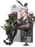  1girl alcohol animal_ears azur_lane bar black_footwear black_gloves black_legwear breasts crossed_legs elbow_gloves fake_animal_ears footwear_removed from_side gloves grey_hair high_heels highres large_breasts looking_at_viewer official_alternate_costume official_art pandea_work pantyhose plant playboy_bunny potted_plant purple_eyes rabbit_ears reno_(azur_lane) reno_(reno_bunnino)_(azur_lane) short_hair_with_long_locks sideboob single_elbow_glove sitting skindentation sleeveless solo thigh_strap transparent_background wrist_cuffs 