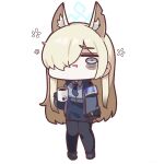  1girl animal_ear_fluff animal_ears arm_at_side armband bags_under_eyes black_footwear black_pantyhose blonde_hair blue_archive blue_armband blue_eyes blue_hairband blue_halo blue_jacket breasts chibi coffee_mug commentary_request cup deformed dog_ears dog_girl exhausted extra_ears full_body hair_over_one_eye hairband halo highres holding holding_cup hunched_over jacket kanna_(blue_archive) knees_together_feet_apart korean_commentary large_breasts long_hair long_sleeves looking_at_viewer messy_hair mug notched_ear open_clothes open_jacket pantyhose paw_print pencil_skirt print_mug purple_hairband rocktide shirt shoes simple_background skirt solo squeans standing straight_hair wavy_mouth 