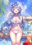  1girl bikini blue_hair blush breasts cleavage flower food hair_flower hair_ornament highres hololive in_water jacket kashiba_aira lips one_eye_closed open_clothes open_jacket open_mouth parfait pointy_ears shiny shiny_skin swimsuit virtual_youtuber yellow_eyes yukihana_lamy 
