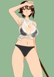  1girl arm_up bikini black_bikini breasts closed_mouth commentary girls_und_panzer grey_background half-closed_eyes highres holding holding_hose hose large_breasts looking_at_viewer navel nishizumi_maho niwa_(niwade_5656re) no_pants see-through shirt short_sleeves simple_background sleeveless sleeveless_shirt smile solo standing swimsuit t-shirt tied_shirt wet wet_clothes white_shirt wiping_forehead 