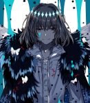  1boy absurdres ant black_hair blue_eyes bug butterfly cape closed_mouth crown empty_(empty029) fate/grand_order fate_(series) fur_trim hair_intakes highres insect insect_wings light_smile looking_at_viewer male_focus oberon_(fate) shirt solo spoilers upper_body white_shirt wings 