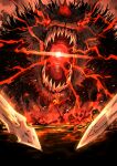  animal arondight_(fate) battle battlefield dog excalibur_galatine_(fate) fairy_knight_gawain_(fate) fangs fate/grand_order fate_(series) fire gawain_(fate) glowing glowing_eyes glowing_mouth kan_(aaaaari35) lancelot_(fate/grand_order) no_humans oversized_animal sword weapon 