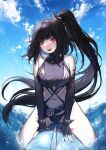  1girl architect_(girls&#039;_frontline) bangs black_gloves black_hair blue_sky blunt_bangs commentary elbow_gloves girls&#039;_frontline gloves highres long_hair looking_at_viewer navel one-piece_swimsuit open_mouth partially_fingerless_gloves purple_eyes side_ponytail sky solo straddling swimsuit terupancake upper_teeth very_long_hair water 