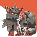  1girl ;) bandana blacknirrow blue_bandana closed_mouth dress evolutionary_line eyelashes fangs grey_eyes hisuian_arcanine hisuian_growlithe hug one_eye_closed open_mouth orange_hair outline palina_(pokemon) pink_bandana pokemon pokemon_(creature) pokemon_legends:_arceus shoes short_hair simple_background smile standing tongue tongue_out two-tone_background two-tone_bandana white_dress white_outline 