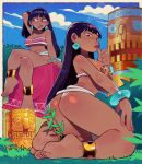  1girl absurdres anklet architecture ass bare_shoulders black_hair blunt_bangs blunt_sidelocks bracelet breasts brown_lips chel_(the_road_to_el_dorado) crop_top crossed_legs dark-skinned_female dark_skin earrings from_behind highres jewelry kneeling long_hair looking_at_viewer mayan_clothes mesoamerican_architecture multiple_views nipple_piercing nipple_rings nipples piercing pink_tube_top sitting speedoru strapless the_road_to_el_dorado thick_thighs thighs tube_top two-tone_tube_top white_loincloth 
