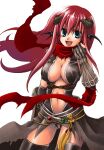  1girl :d armor assassin_cross_(ragnarok_online) bangs bat_wings black_cape black_gloves black_legwear black_leotard black_wings breasts cape commentary_request contrapposto cowboy_shot demon_horns elbow_gloves gloves green_eyes hair_between_eyes head_wings highres horns kainohito leotard long_hair looking_at_viewer medium_breasts navel open_mouth partially_fingerless_gloves pauldrons pink_hair ragnarok_online red_scarf revealing_clothes scarf shoulder_armor simple_background smile solo thighhighs torn_cape torn_clothes torn_scarf vambraces waist_cape white_background wings 