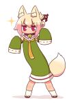  1girl animal_ears bangs bell blonde_hair blush brown_footwear collar detached_sleeves dress eyebrows_visible_through_hair folded_ponytail fox_ears fox_girl fox_tail full_body green_dress green_sleeves hair_between_eyes hair_bun hair_ornament hands_up highres jingle_bell kemomimi-chan_(naga_u) long_sleeves looking_at_viewer naga_u neck_bell orange_neckwear original red_collar ribbon-trimmed_sleeves ribbon_trim sailor_collar sailor_dress shadow sleeveless sleeveless_dress sleeves_past_fingers sleeves_past_wrists socks solo sparkle standing tail tan v-shaped_eyebrows white_background white_legwear white_sailor_collar zouri 