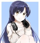  1girl bangs blue_background blue_hair blush brown_eyes closed_mouth collarbone headphones headphones_around_neck holding idolmaster idolmaster_(classic) kisaragi_chihaya long_hair looking_at_viewer parted_bangs shuucream_(syuichi) smile solo sweater 