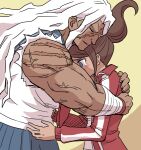  2girls asahina_aoi bandages bangs blue_eyes blue_skirt blush brown_hair closed_eyes commentary_request danganronpa:_trigger_happy_havoc danganronpa_(series) dark-skinned_female dark_skin from_side hair_up height_difference hug jacket long_hair multiple_girls muscular muscular_female namu_(nurui_cha) oogami_sakura pleated_skirt ponytail red_jacket scar scar_across_eye scar_on_arm shirt skirt tearing_up torn_clothes torn_shirt track_jacket track_suit v-shaped_eyebrows white_hair white_shirt 