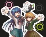  1boy 1girl bangs black_background blue_eyes blue_hair blush_stickers bow brown_eyes brown_hair commentary danganronpa:_trigger_happy_havoc danganronpa_(series) eyebrows_visible_through_hair fujisaki_chihiro green_jacket hair_ornament hairclip holding holding_microphone jacket long_hair long_sleeves maizono_sayaka microphone monokuma namu_(nurui_cha) neck_ribbon one_eye_closed open_mouth otoko_no_ko outline outstretched_arm pink_bow plaid plaid_skirt ribbon school_uniform shiny shiny_hair shirt short_hair simple_background skirt upper_teeth white_outline white_shirt 