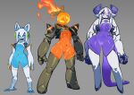  3girls android animal_ears blue_skin colored_skin elly_(pochincoff) fiery_hair fire flat_chest grey_background horns humanoid_robot long_hair mechanical_arms multiple_girls navel no_mouth orange_skin orca_(pochincoff) original oversized_limbs pochincoff purple_skin pussy robot see-through_body short_hair shoulder_spikes simple_background spikes thighhighs una_(pochincoff) white_hair white_thighhighs 