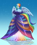 2025 anthro armwear ball_gown big_breasts blue_body blue_fur breasts clothing collarbone elbow_gloves equid equine eye_through_hair eyebrow_through_hair eyebrows eyelashes eyelashes_through_hair feathered_wings feathers female friendship_is_magic fur glistening glistening_breasts glistening_clothing gloves gown hair handwear hasbro hi_res looking_at_viewer mammal multicolored_hair my_little_pony mythological_creature mythological_equine mythology pegasus purple_eyes rainbow_dash_(mlp) rainbow_hair solo toughset translucent translucent_hair wings