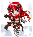  1girl :d armor armored_boots assassin_cross_(ragnarok_online) bangs bat_wings black_cape black_gloves black_legwear black_leotard black_wings blue_eyes blush boots cape chibi commentary_request demon_horns elbow_gloves eyebrows_visible_through_hair full_body gloves hair_between_eyes head_wings high_heel_boots high_heels horns kainohito kneehighs leotard long_hair looking_at_viewer open_mouth pauldrons ragnarok_online red_hair red_scarf revealing_clothes scarf shoulder_armor smile solo star_(symbol) upper_teeth vambraces waist_cape wings 