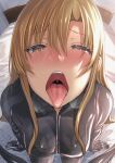  1girl aldehyde asuna_(sao) blonde_hair blush bodysuit breasts brown_eyes closed_mouth eyebrows_visible_through_hair half-closed_eyes highres latex latex_bodysuit long_hair looking_at_viewer on_bed open_mouth sitting solo sword_art_online teeth tongue tongue_out uvula wariza 