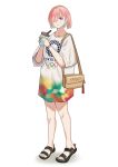  1girl 2020_summer_olympics alternate_costume bag clothes_writing copyright_name cup disposable_cup drink drinking_straw fate/grand_order fate_(series) full_body gucci hair_over_one_eye highres holding holding_cup mash_kyrielight olympic_rings olympics one_eye_covered pink_hair purple_eyes rei_(guaidaou8) sandals shirt short_hair shoulder_bag simple_background solo standing toeless_footwear white_background white_shirt 