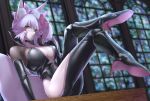  1girl absurdres animal_ear_fluff animal_ears bangs black_bodysuit blush bodysuit bow breasts center_opening choker cleavage fate/grand_order fate_(series) fox_ears fox_girl fox_tail glasses hair_between_eyes hair_bow high_heels highres hip_vent kamehito koyanskaya_(fate) large_breasts legs long_hair looking_at_viewer pink_bow pink_hair ponytail sidelocks sitting smile solo tail tamamo_(fate) window yellow_eyes 