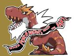  animal_focus banner blacknirrow dinosaur english_text jurassic_park no_humans open_mouth outline pokemon pokemon_(creature) scene_reference sharp_teeth simple_background solo teeth two-tone_background tyrantrum white_outline 