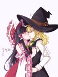  2girls ascot black_hair black_hat black_vest blonde_hair blush bow braid breast_press closed_eyes closed_mouth collared_shirt commentary_request detached_sleeves frilled_bow frilled_hair_tubes frills green_bow hair_bow hair_tubes hakurei_reimu hat highres imminent_kiss kirisame_marisa long_hair long_sleeves mito_(fate) multiple_girls red_bow red_eyes red_skirt ribbon-trimmed_sleeves ribbon_trim shirt side_braid signature simple_background single_braid skirt skirt_set touhou twitter_username very_long_hair vest white_shirt witch_hat yellow_ascot yuri 