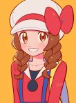  1girl alternate_hairstyle blue_overalls blush bow braid brown_eyes brown_hair cabbie_hat chueog hat hat_bow highres lyra_(pokemon) overalls pokemon pokemon_hgss red_bow red_shirt shirt smile solo teeth twin_braids twitter_username white_hat yellow_background 