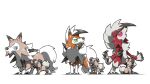  animal_focus blacknirrow blue_eyes claws dog evolutionary_line fangs glowing glowing_eyes green_eyes highres howling lycanroc lycanroc_(dusk) lycanroc_(midday) lycanroc_(midnight) no_humans open_mouth pokemon pokemon_(creature) red_eyes rockruff simple_background white_background 