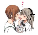  2girls bandages bangs black_neckwear black_ribbon blush boko_(girls_und_panzer) bow bowtie brown_hair closed_eyes eyebrows_visible_through_hair french_kiss girls_und_panzer hair_ribbon hand_on_another&#039;s_shoulder heart highres holding holding_stuffed_toy kiss light_brown_hair long_hair multiple_girls nishizumi_miho ooarai_school_uniform ribbon ruruepa school_uniform shimada_arisu shirt short_hair skirt stuffed_animal stuffed_toy suspender_skirt suspenders teddy_bear tongue tongue_out white_background white_shirt yuri 