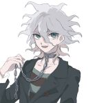  1boy :d bangs black_jacket chain collarbone commentary_request danganronpa_(series) danganronpa_another_episode:_ultra_despair_girls grey_eyes grey_hair grey_shirt hair_between_eyes hand_up jacket komaeda_nagito leather leather_jacket long_sleeves looking_at_viewer male_focus medium_hair messy_hair open_mouth pale_skin red_shirt shenmu_(nyx_0) shirt simple_background sketch smile solo striped striped_shirt upper_body white_background 