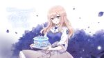  1girl bangs blonde_hair blue_flower blue_rose bow braid cake candle character_name crown_braid crying crying_with_eyes_open elreyiens eyebrows_visible_through_hair flower food grey_bow grey_skirt hair_behind_ear happy_birthday holding holding_tray korean_commentary long_hair nijisanji nijisanji_kr purple_eyes rose shirt_tucked_in skirt so_nagi solo tears tray virtual_youtuber 